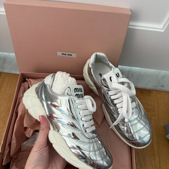 NWT Miu Miu Low Top Sneakers Metallic Silver Chunky Rubber Sole Stitching - Picture 5 of 11